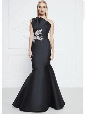 Frascara Strapless Black Mermaid Gown with Crystal Leaf Detail